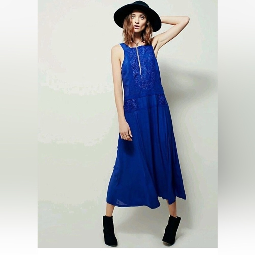 Free People Maria Blue Embroidered Lace Midi Maxi Festival Dress Boho XS